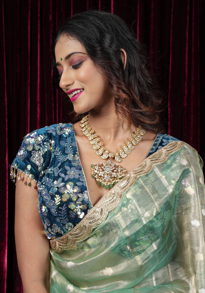 Teal Velvet 3D sequin arch back tie blouse with multicolor danglers,  Made to Order