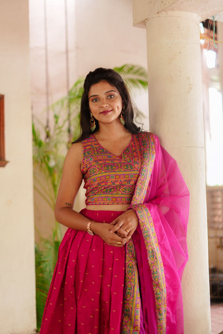 Nirosha Magenta Crop Top & Skirt With Dupatta | Made To Order