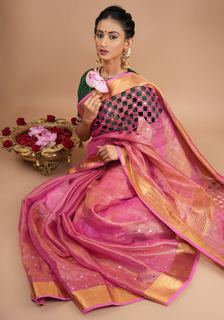 Cutwork and Mirror Work Tissue Linen Saree in Pink with pretty tassels