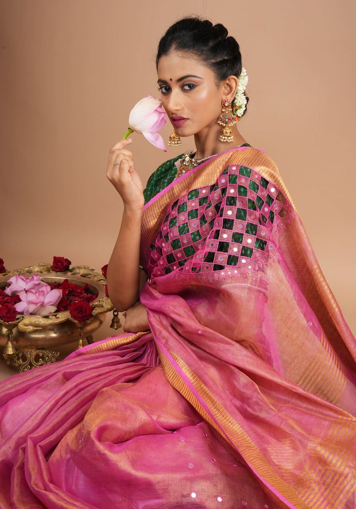 Cutwork and Mirror Work Tissue Linen Saree in Pink with pretty tassels