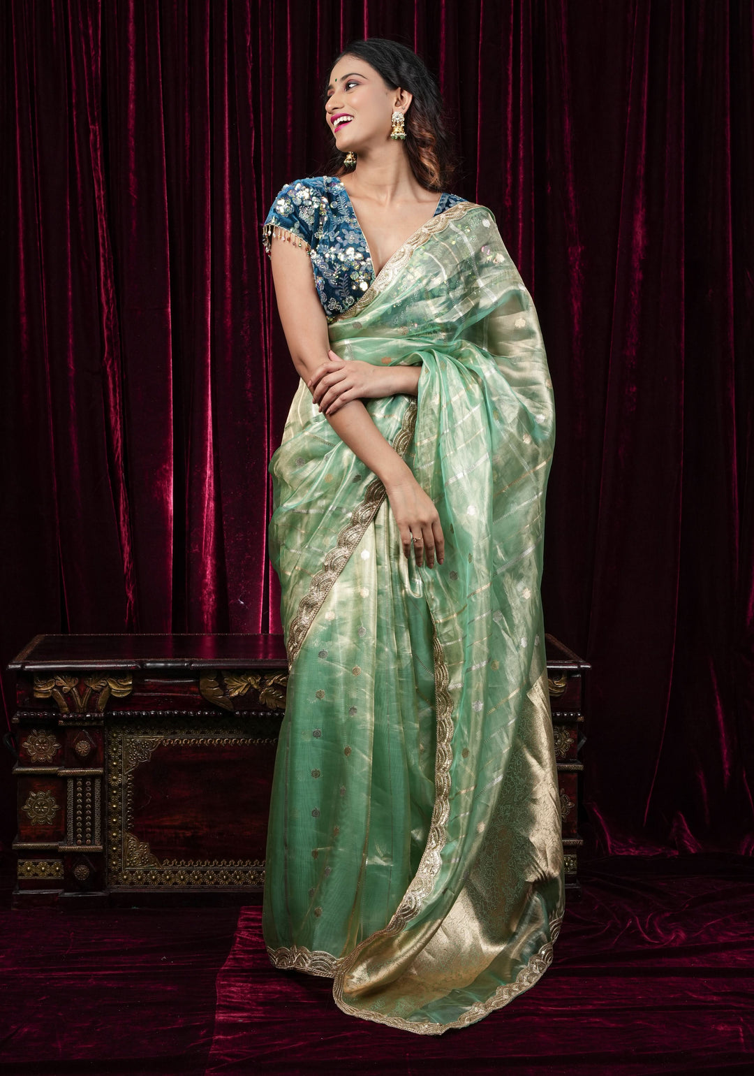 Teal Velvet 3D sequin arch back tie blouse with multicolor danglers,  Made to Order