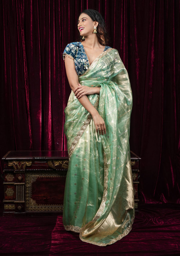 Teal Velvet 3D sequin arch back tie blouse with multicolor danglers,  Made to Order