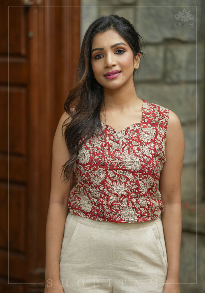 Crimson kalamkari hand block printed crop top in Maroon