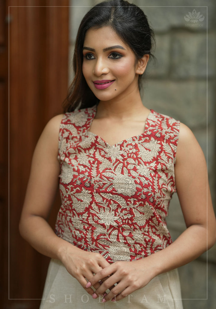Crimson kalamkari hand block printed crop top in Maroon
