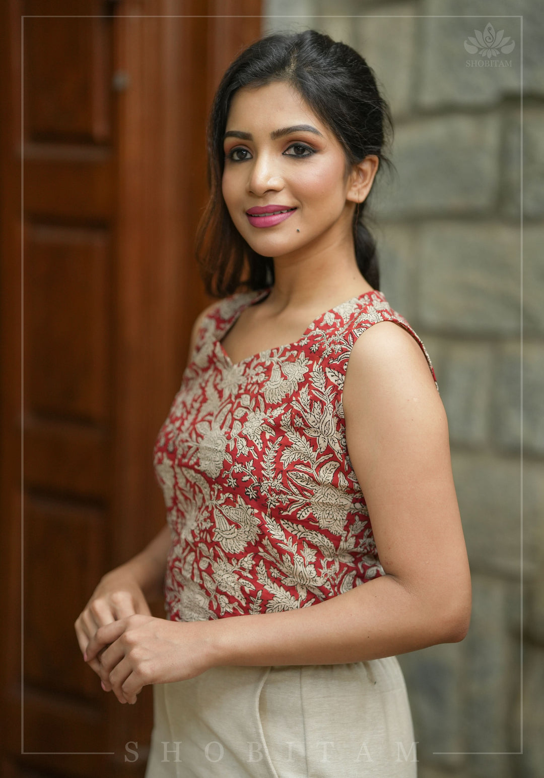 Crimson kalamkari hand block printed crop top in Maroon
