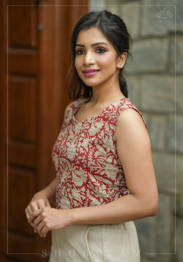 Crimson kalamkari hand block printed crop top in Maroon