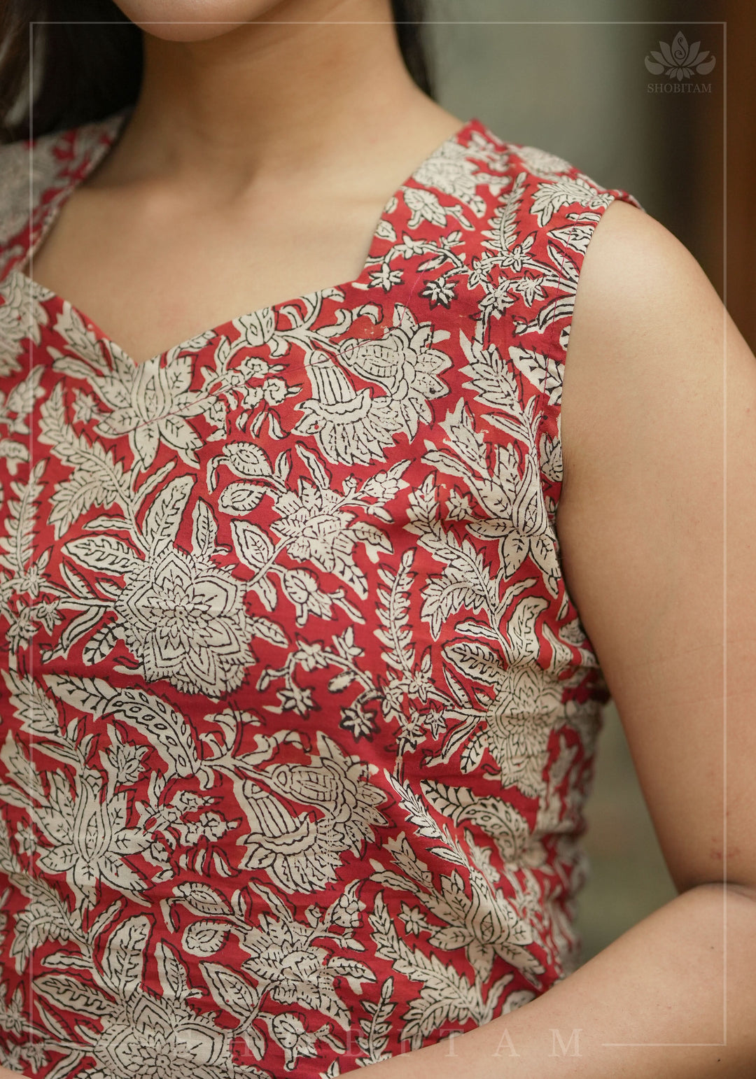 Crimson kalamkari hand block printed crop top in Maroon