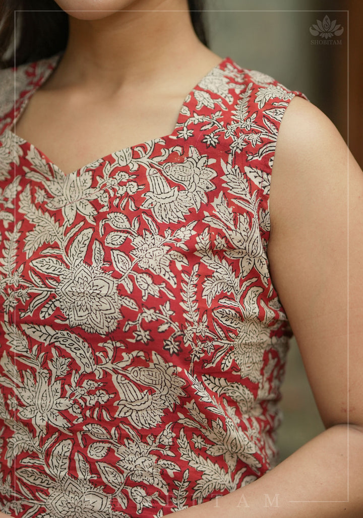 Crimson kalamkari hand block printed crop top in Maroon