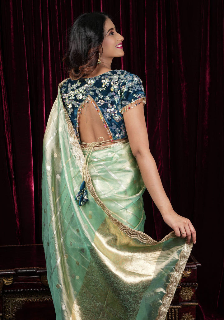 Teal Velvet 3D sequin arch back tie blouse with multicolor danglers,  Made to Order