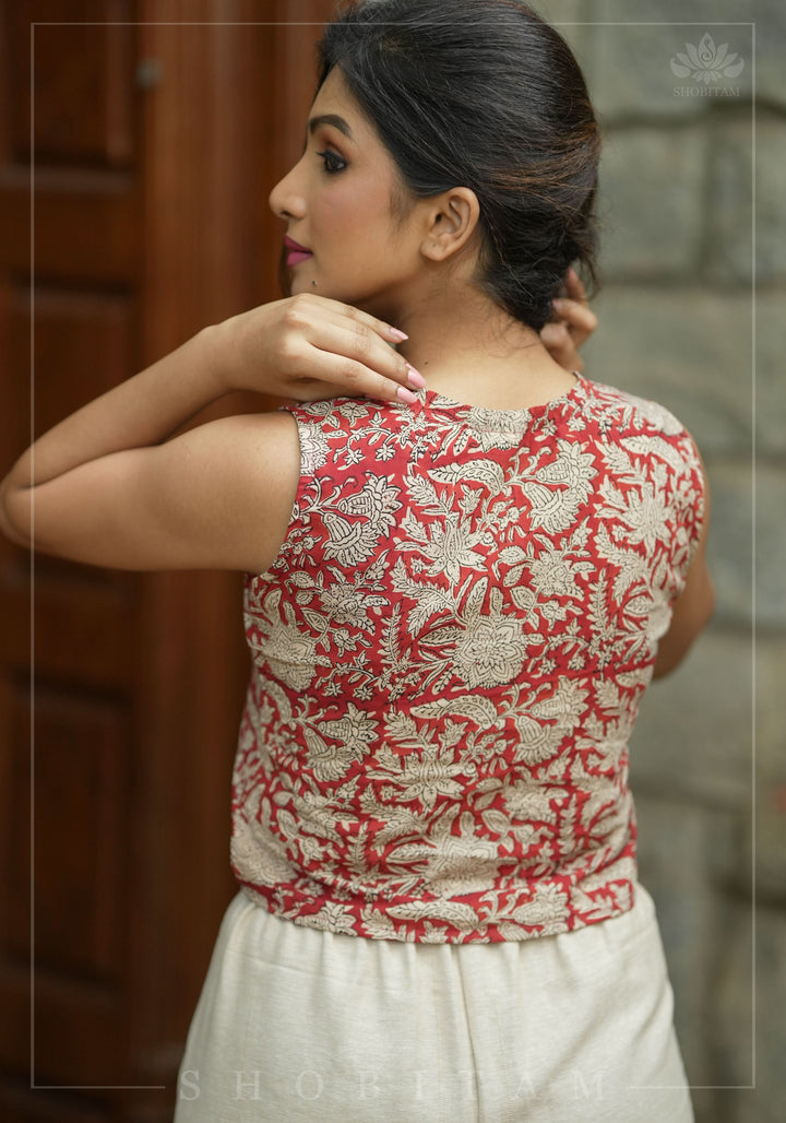 Crimson kalamkari hand block printed crop top in Maroon