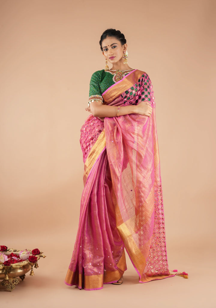 Cutwork and Mirror Work Tissue Linen Saree in Pink with pretty tassels