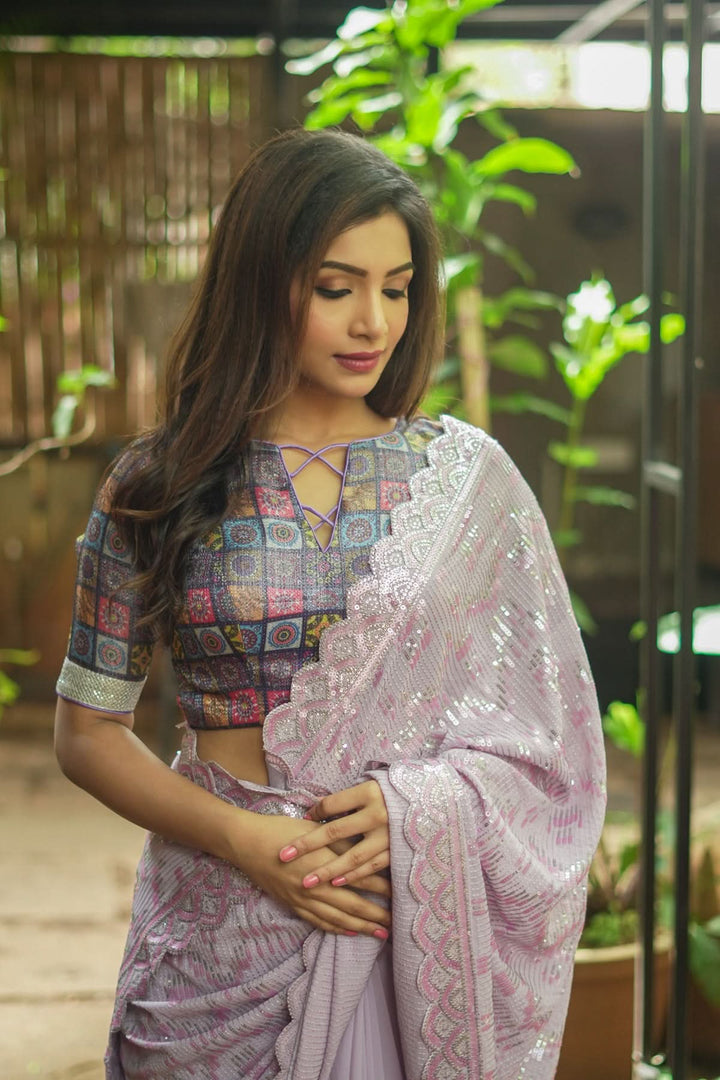 Full Sequins Embellished Georgette Saree in mauve with Scalloped border
