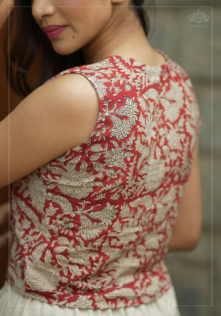Crimson kalamkari hand block printed crop top in Maroon
