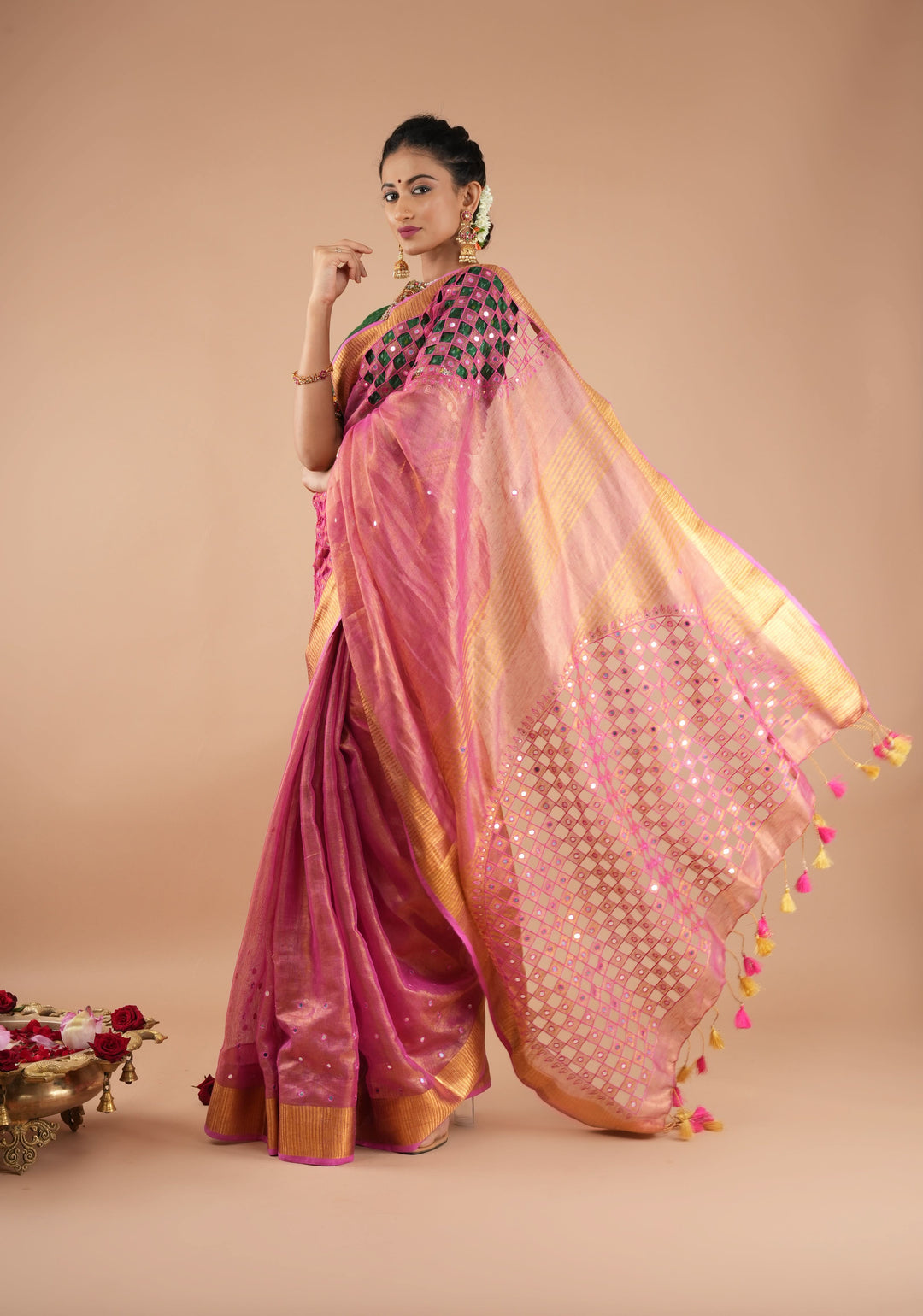 Cutwork and Mirror Work Tissue Linen Saree in Pink with pretty tassels