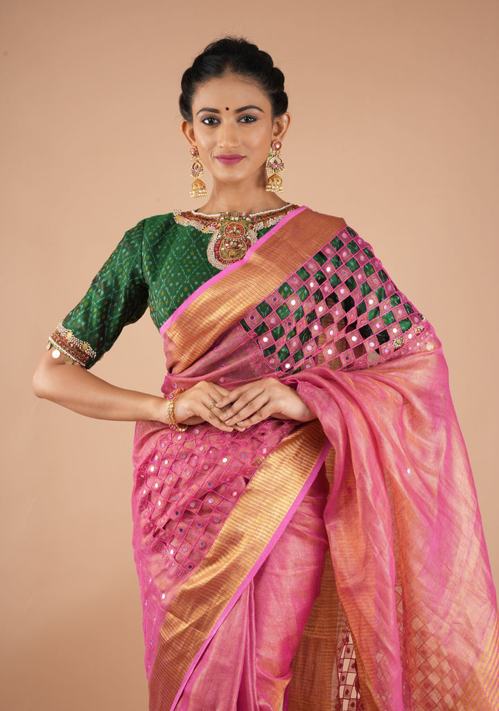 Green Ikkat Pure Raw Silk Blouse with Kemp and Moti Necklace and Bajuband design Handwork, Made to Order, Customizable