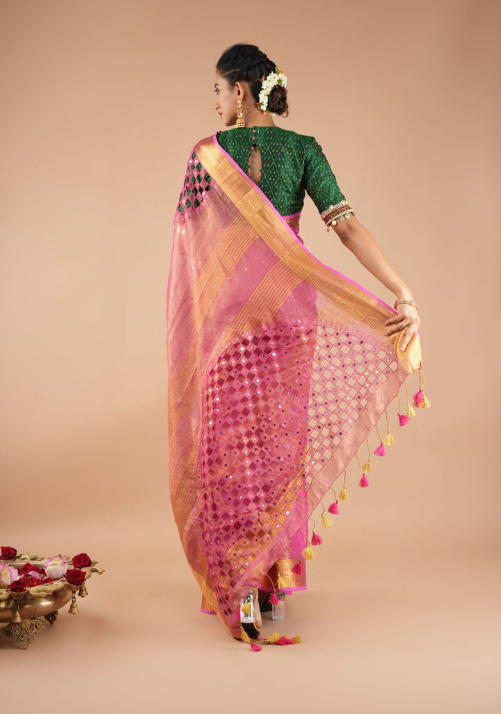 Cutwork and Mirror Work Tissue Linen Saree in Pink with pretty tassels