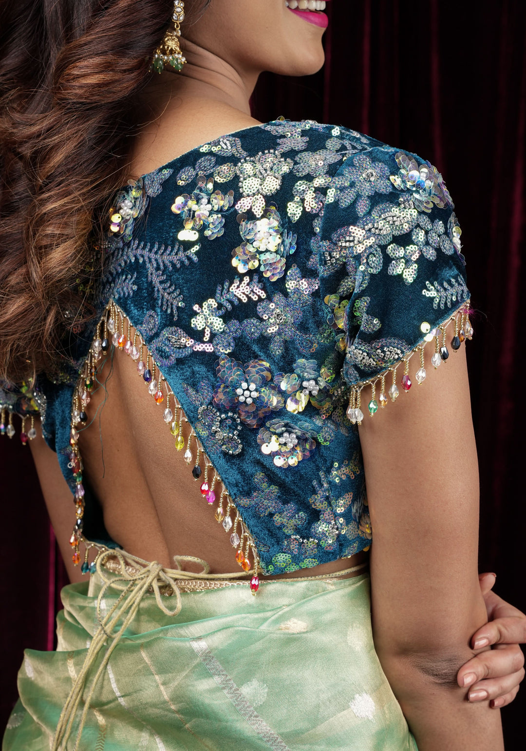 Teal Velvet 3D sequin arch back tie blouse with multicolor danglers,  Made to Order