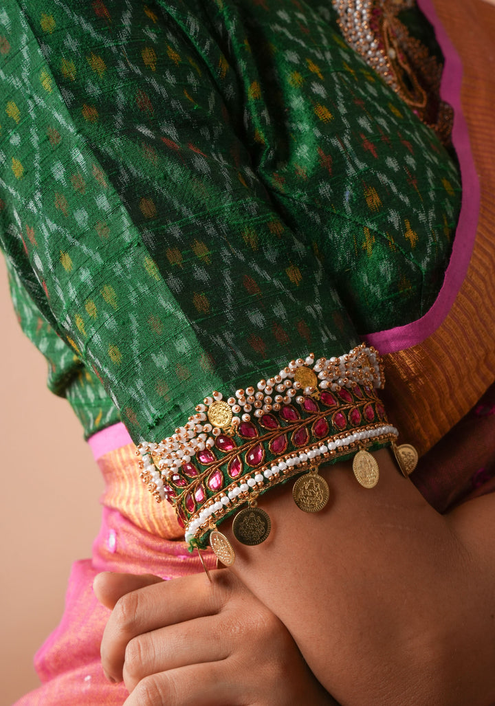 Green Ikkat Pure Raw Silk Blouse with Kemp and Moti Necklace and Bajuband design Handwork, Made to Order, Customizable