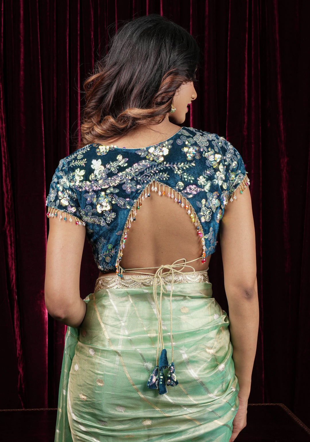 Teal Velvet 3D sequin arch back tie blouse with multicolor danglers,  Made to Order