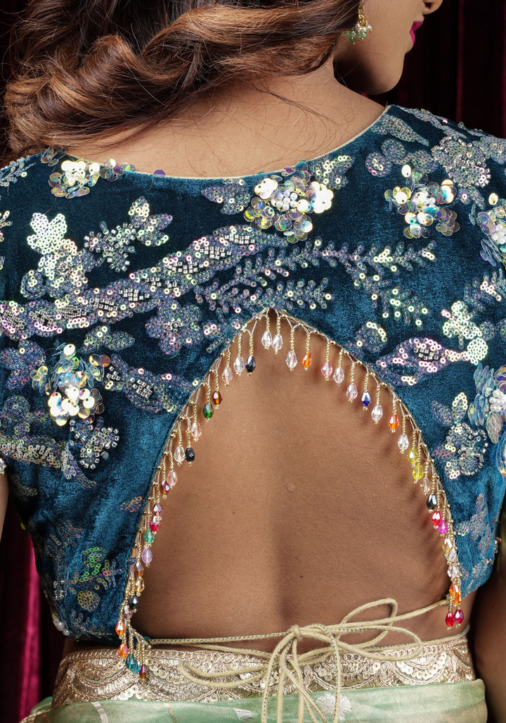 Teal Velvet 3D sequin arch back tie blouse with multicolor danglers,  Made to Order