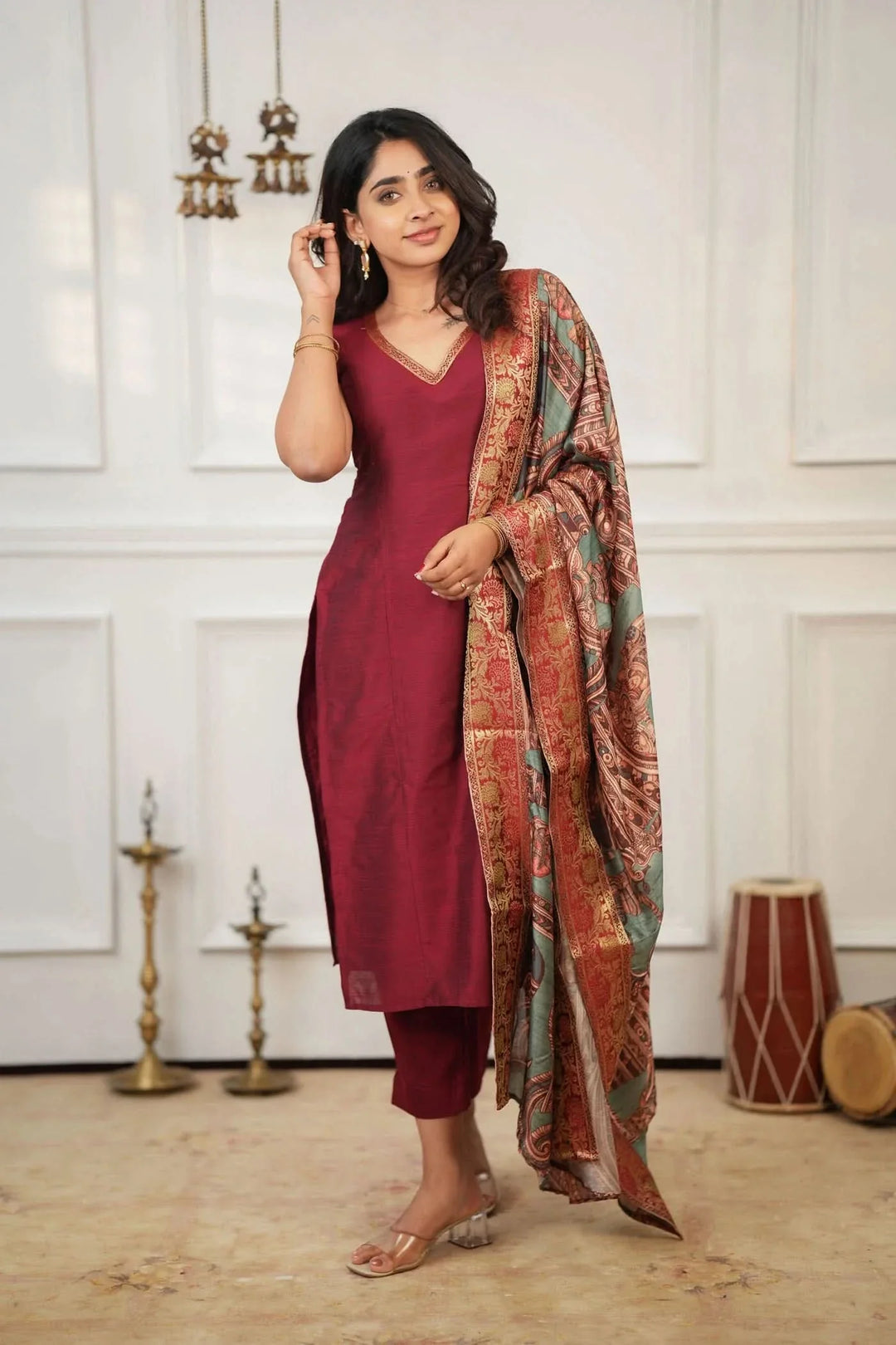 Indra Maroon Kurti Set (Set of 3) | Made To Order
