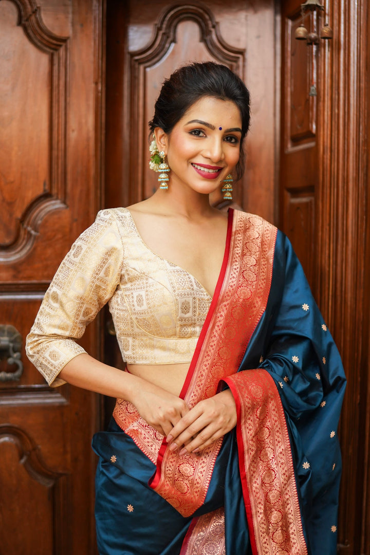 Ivory Patola Design Brocade Mix and Match Blouse with 3/4 sleeve for saree, Made to Order