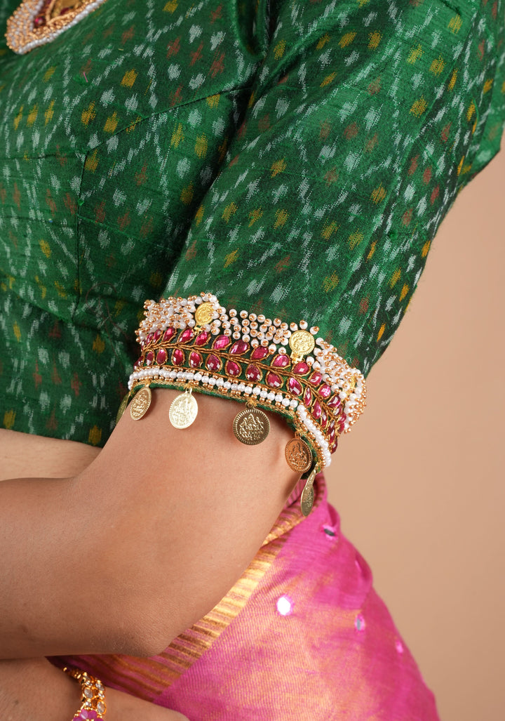 Green Ikkat Pure Raw Silk Blouse with Kemp and Moti Necklace and Bajuband design Handwork, Made to Order, Customizable