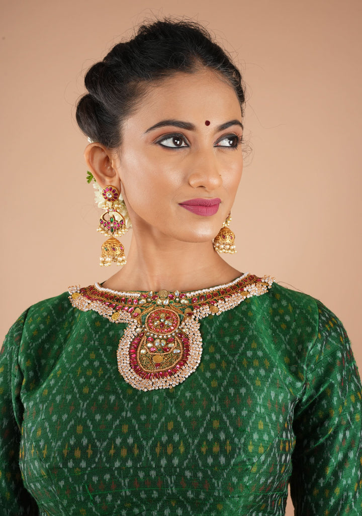 Green Ikkat Pure Raw Silk Blouse with Kemp and Moti Necklace and Bajuband design Handwork, Made to Order, Customizable