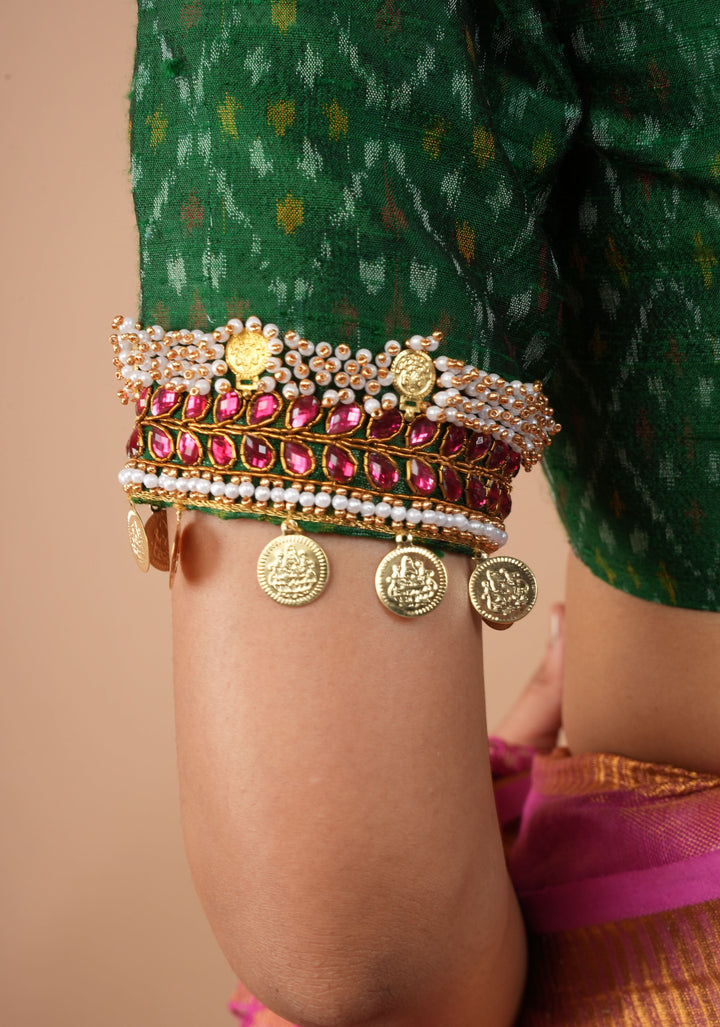 Green Ikkat Pure Raw Silk Blouse with Kemp and Moti Necklace and Bajuband design Handwork, Made to Order, Customizable
