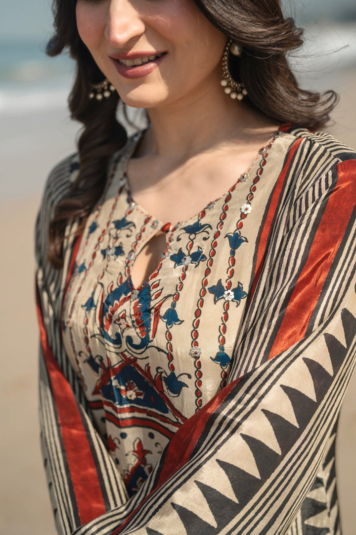 Beige with Red and Black Noor Kurta Set- SET OF -2 | SHOBITAM