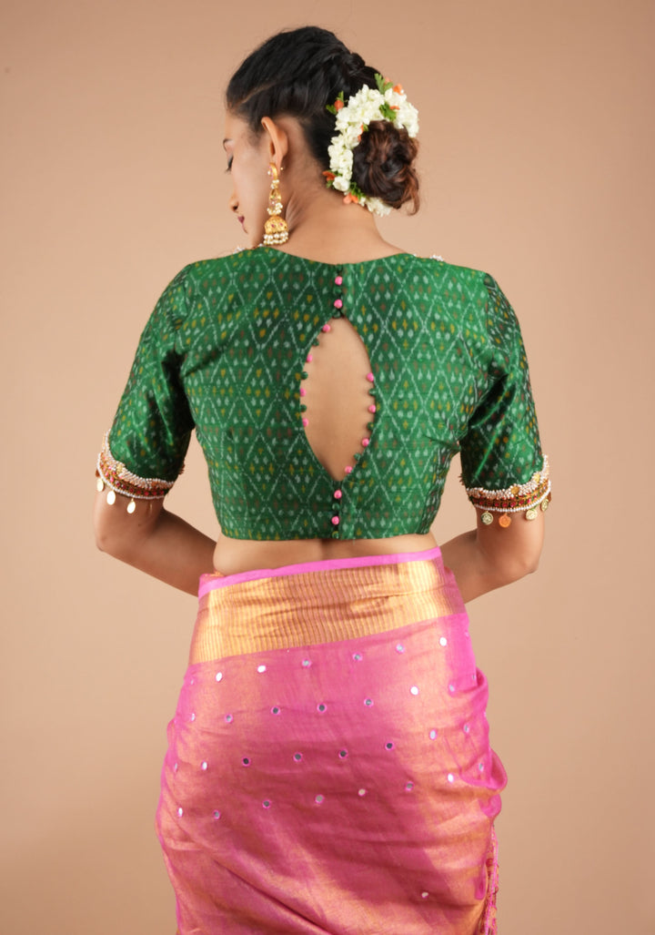 Green Ikkat Pure Raw Silk Blouse with Kemp and Moti Necklace and Bajuband design Handwork, Made to Order, Customizable