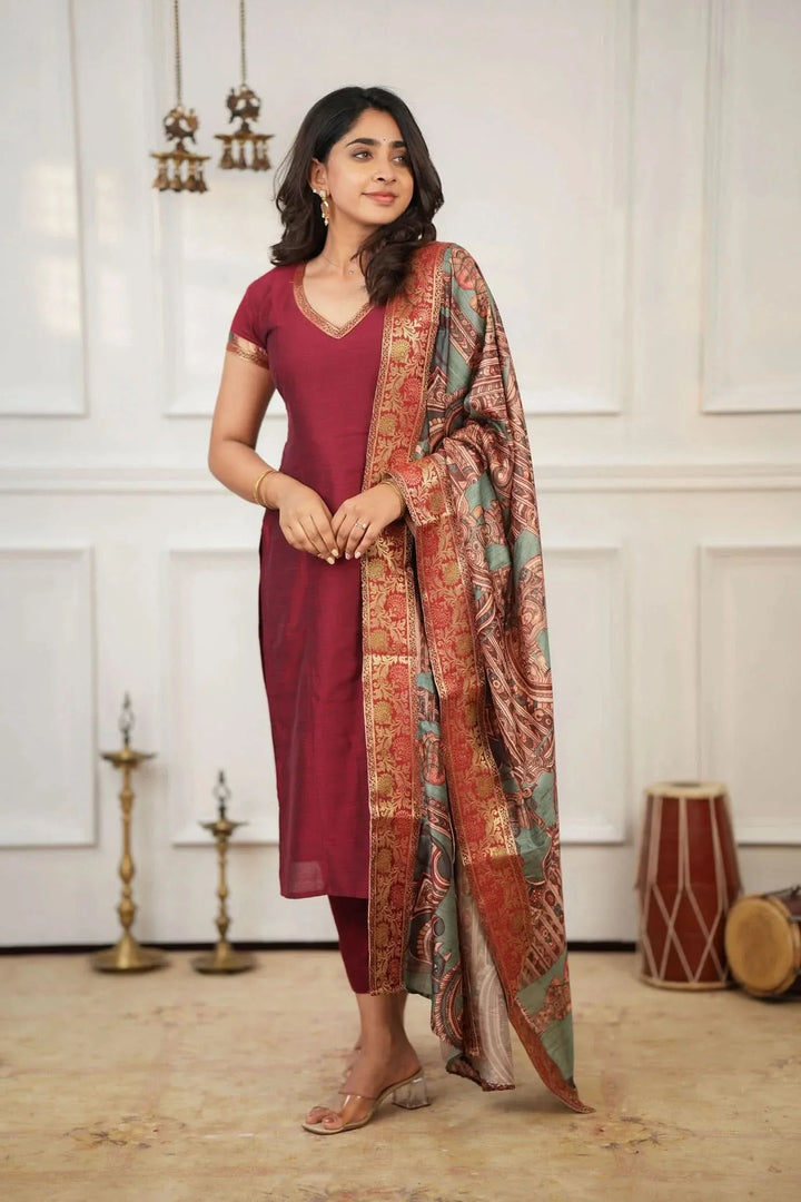 Indra Maroon Kurti Set (Set of 3) | Made To Order