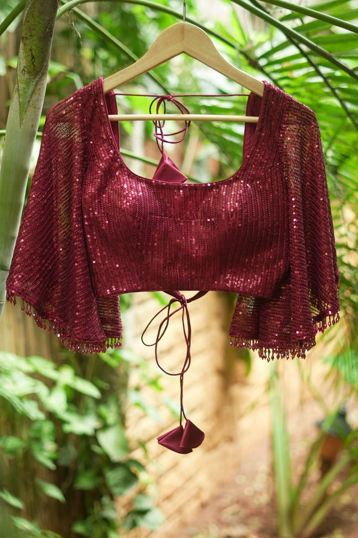 Sequin U neck blouse with Butterfly sleeves in Maroon