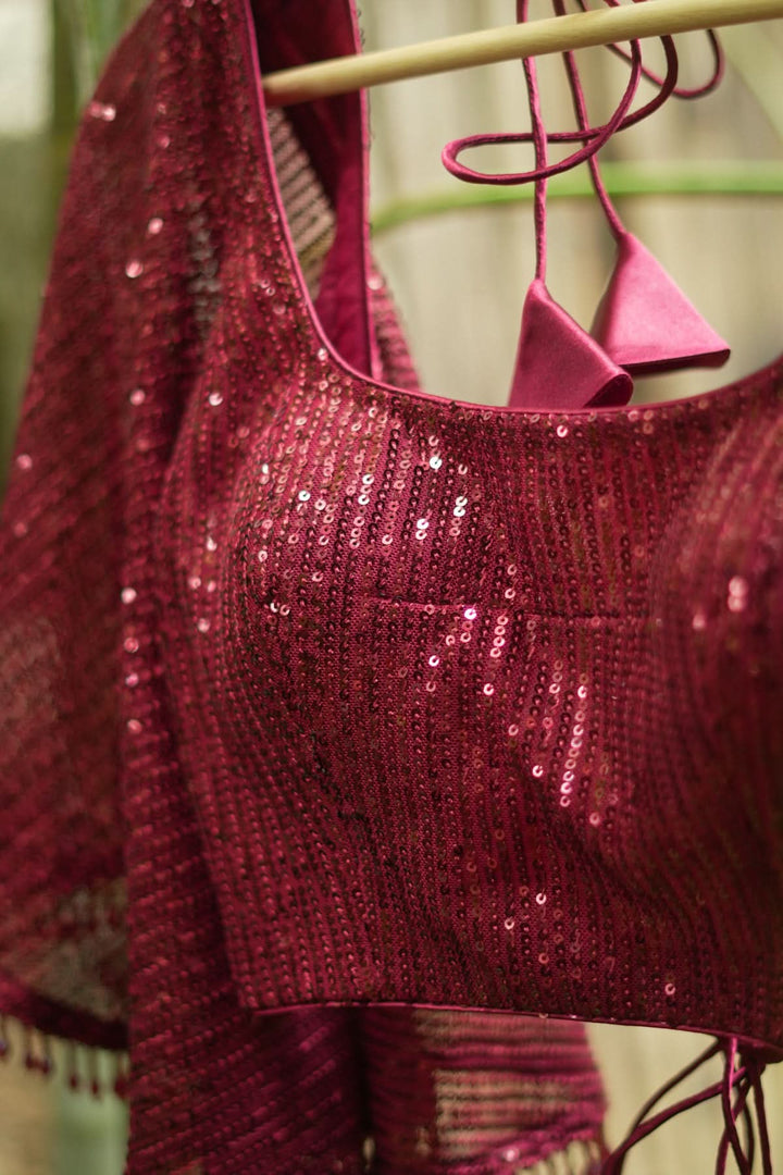 Sequin U neck blouse with Butterfly sleeves in Maroon