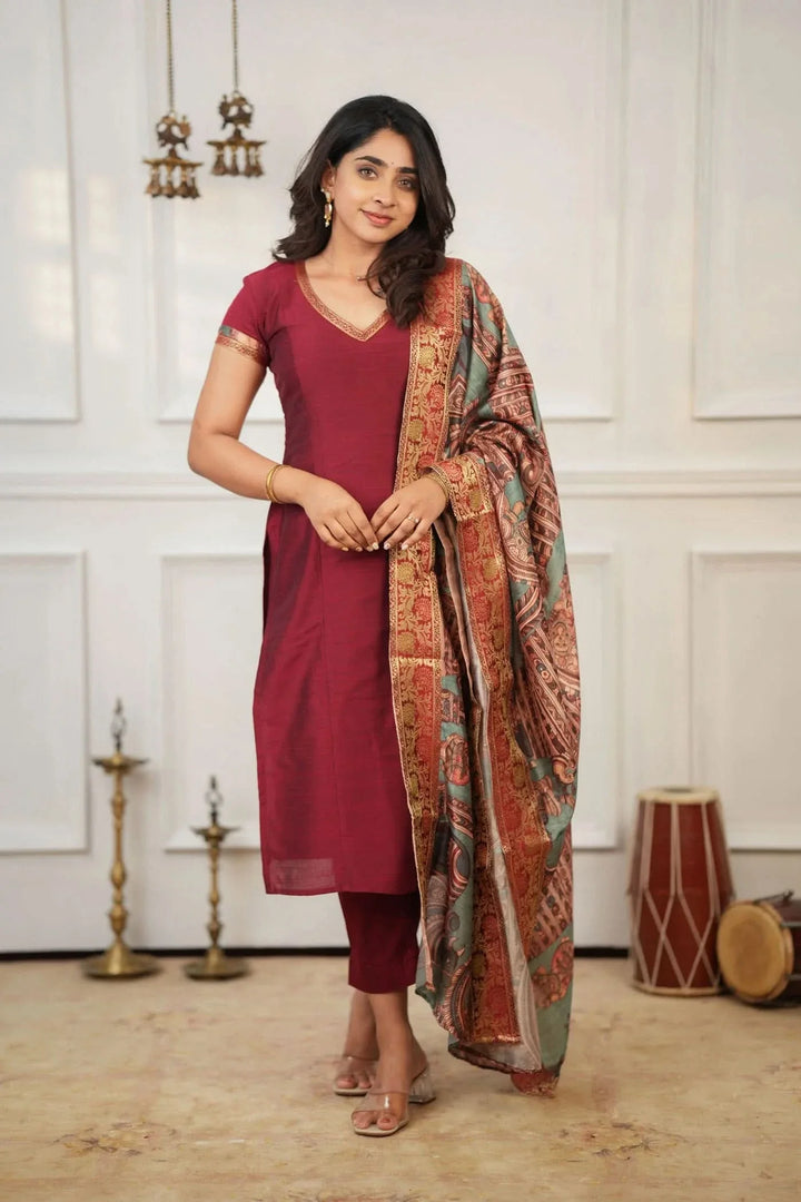 Indra Maroon Kurti Set (Set of 3) | Made To Order