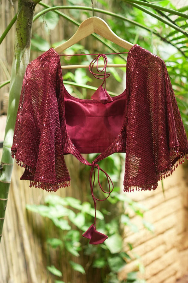 Sequin U neck blouse with Butterfly sleeves in Maroon