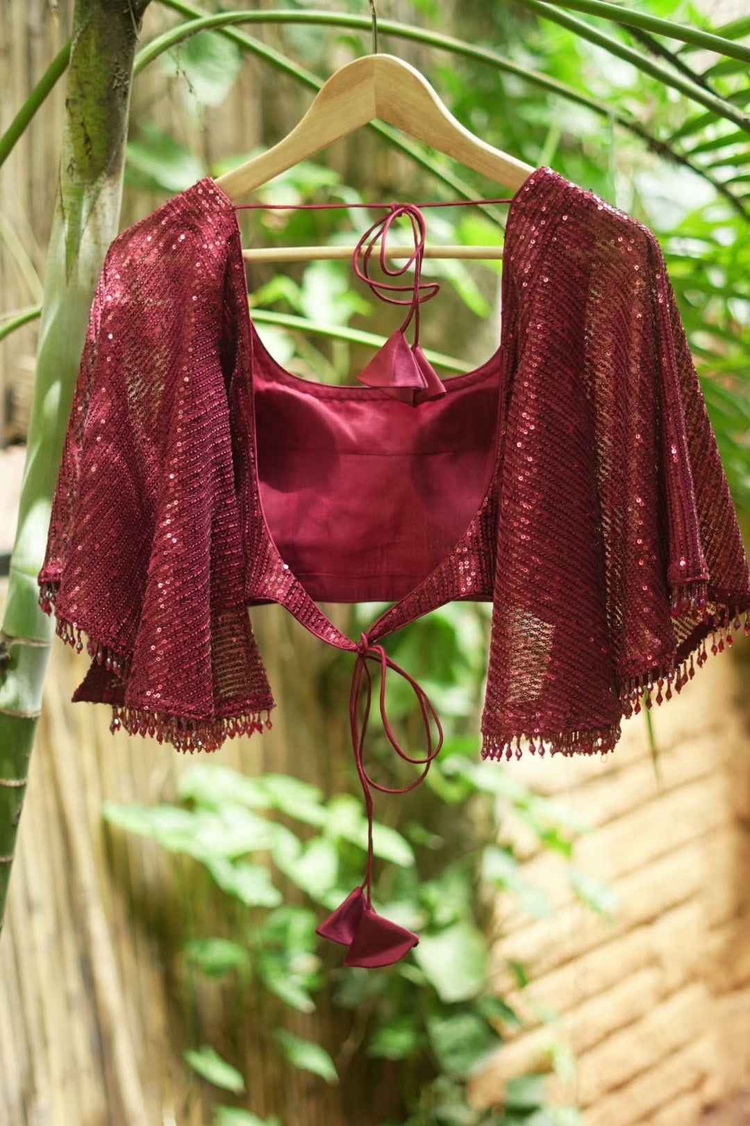 Sequin U neck blouse with Butterfly sleeves in Maroon