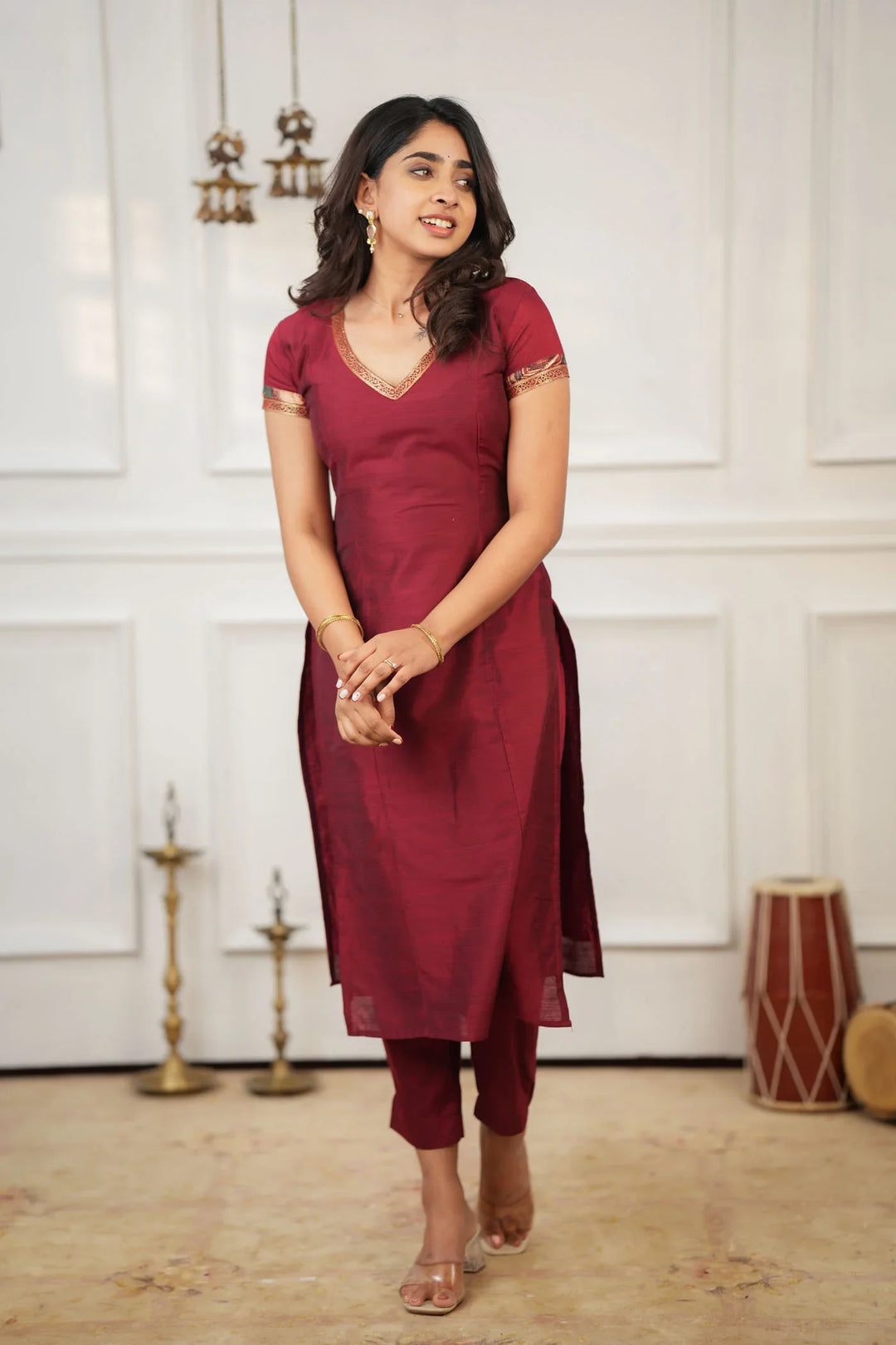 Indra Maroon Kurti Set Without Dupatta (Set of 2) | Made To Order