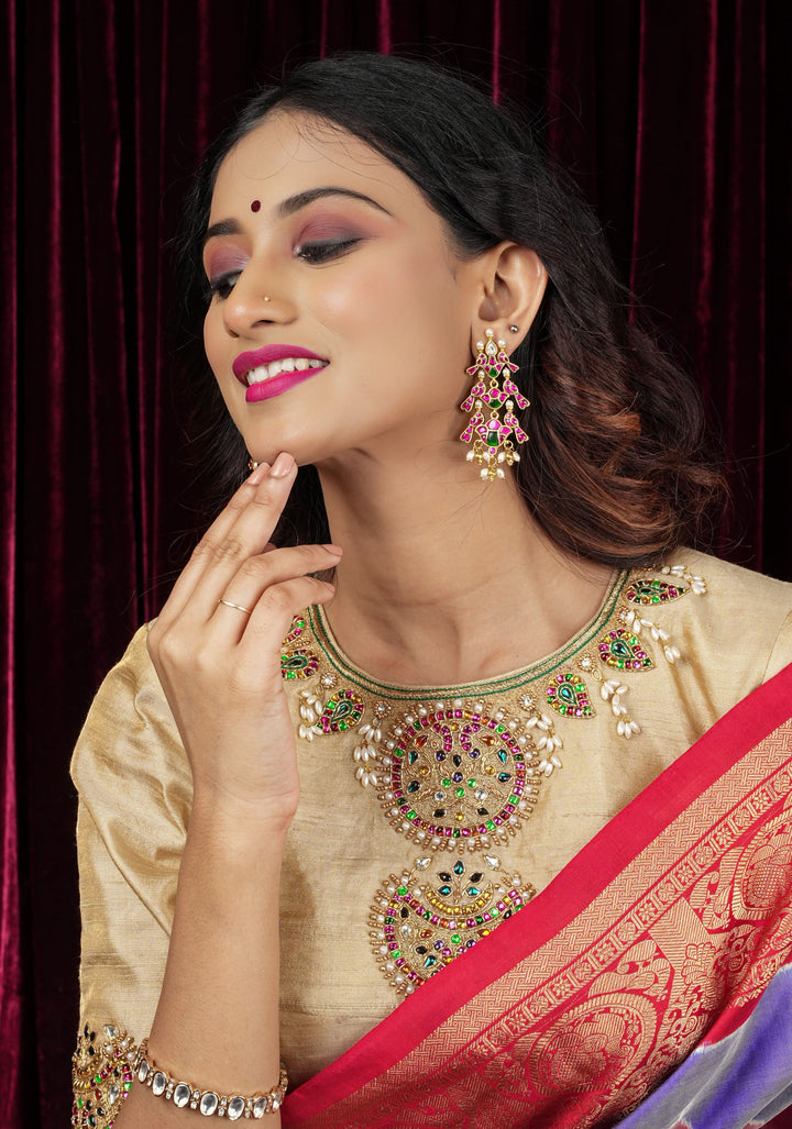 Sandalwood Color Pure Raw Silk Tissue Blouse with multicolor stone Necklace and Bajuband Handwork,  Made to Order