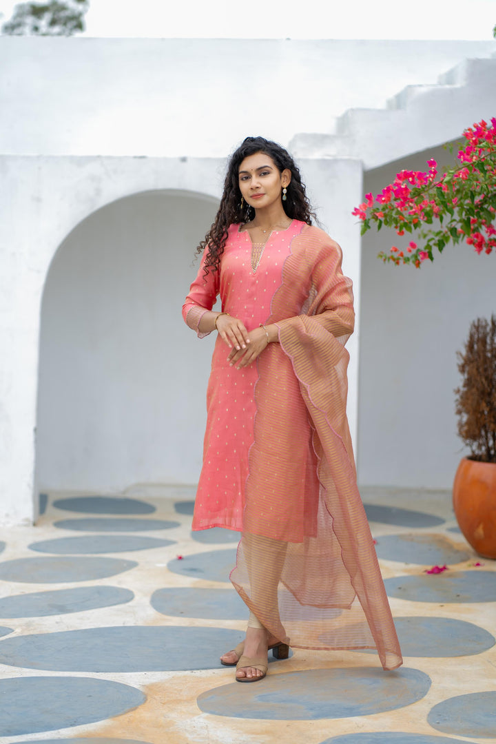 Pragathi Peach Kurti and dupatta 2 piece set with out Pant | Made To Order