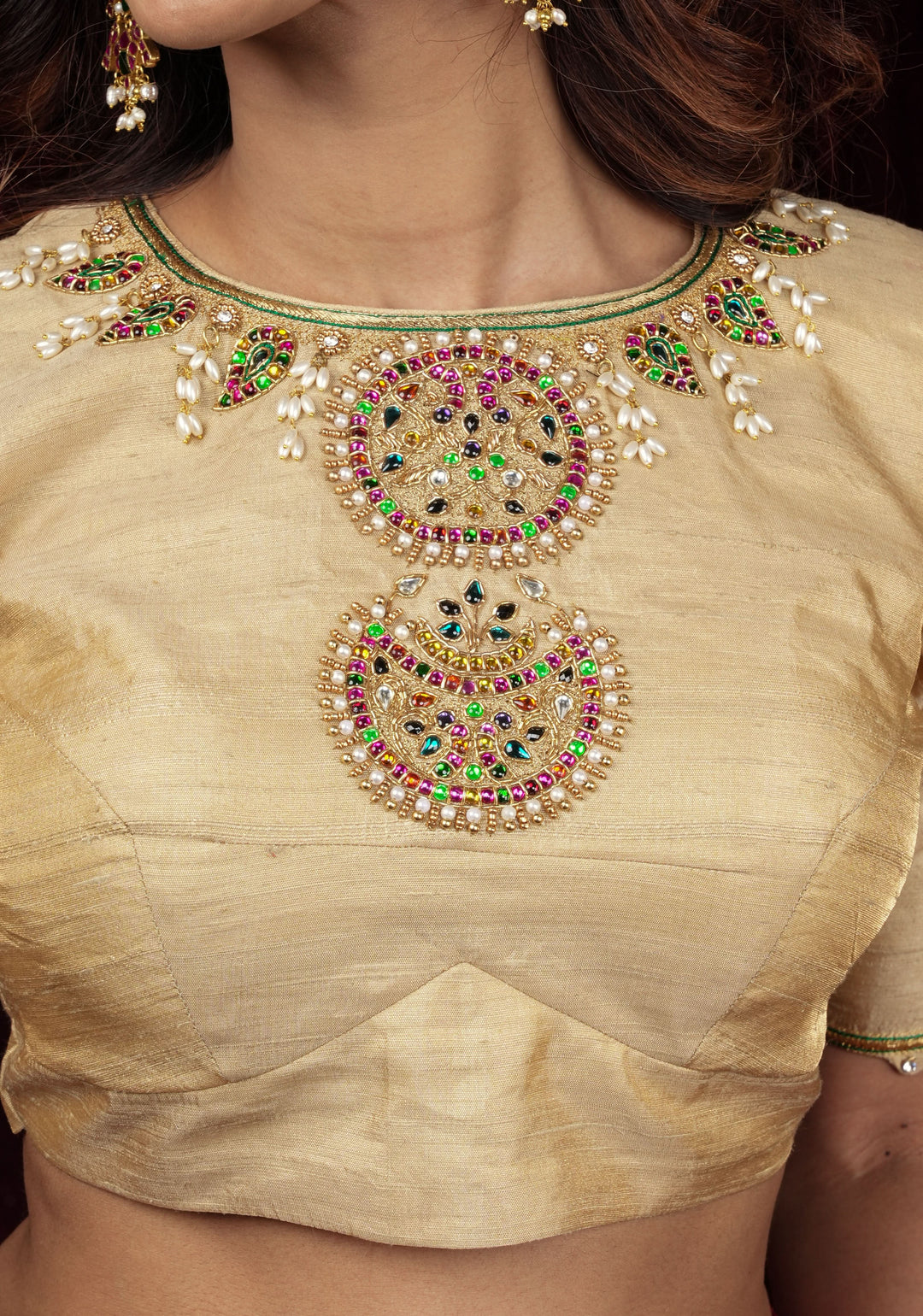 Sandalwood Color Pure Raw Silk Tissue Blouse with multicolor stone Necklace and Bajuband Handwork,  Made to Order
