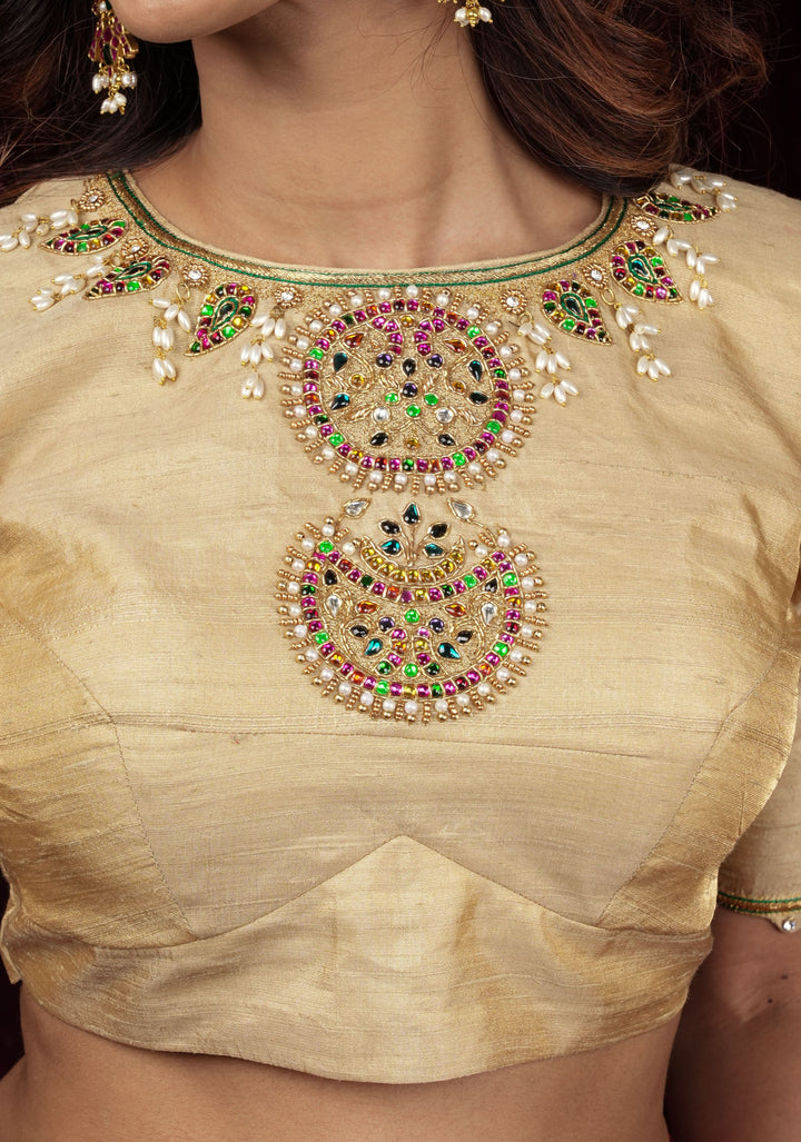 Sandalwood Color Pure Raw Silk Tissue Blouse with multicolor stone Necklace and Bajuband Handwork,  Made to Order