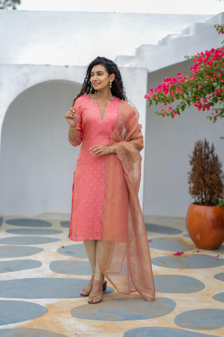 Pragathi Peach Kurti and dupatta 2 piece set with out Pant | Made To Order