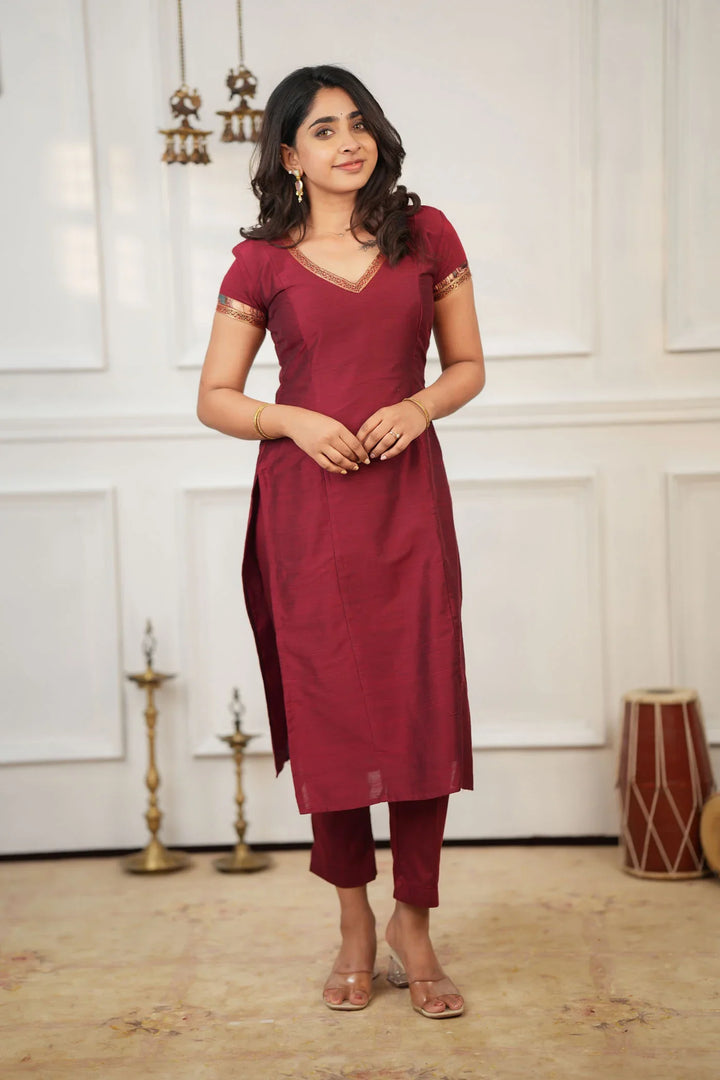 Indra Maroon Kurti Set Without Dupatta (Set of 2) | Made To Order