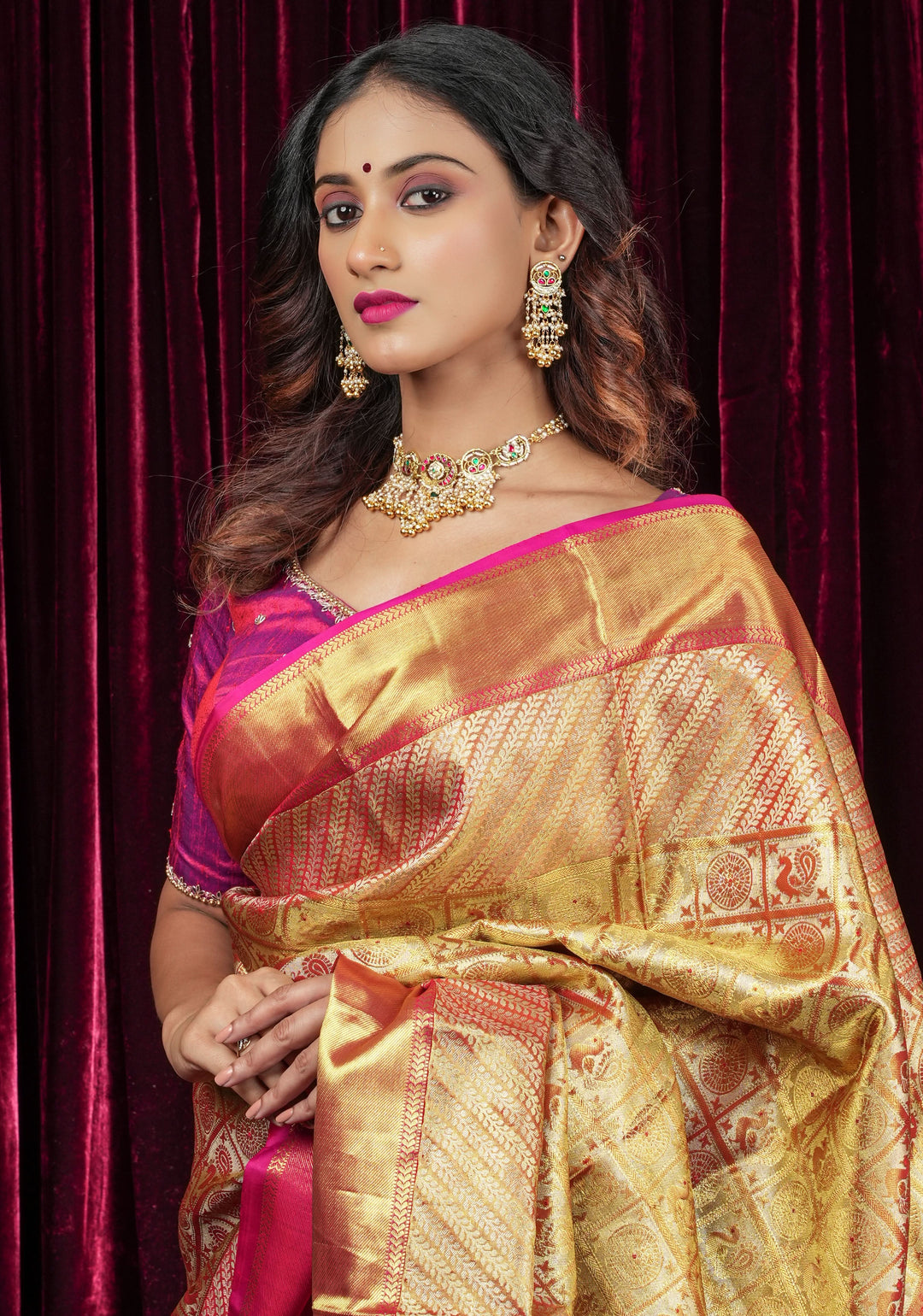 Exquisite Tan Gold Tissue Kanjivaram Pure Silk Saree with Checks Pattern and wide Zari Borde | SILK MARK CERTIFIED