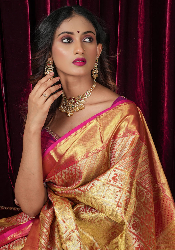 Exquisite Tan Gold Tissue Kanjivaram Pure Silk Saree with Checks Pattern and wide Zari Borde | SILK MARK CERTIFIED