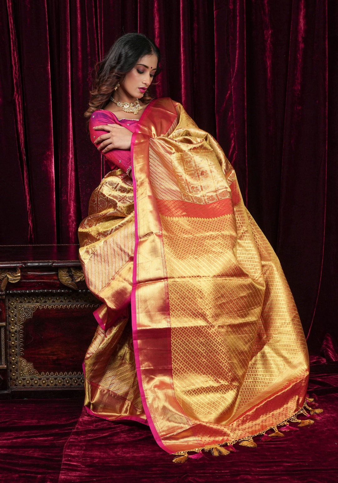 Exquisite Tan Gold Tissue Kanjivaram Pure Silk Saree with Checks Pattern and wide Zari Borde | SILK MARK CERTIFIED