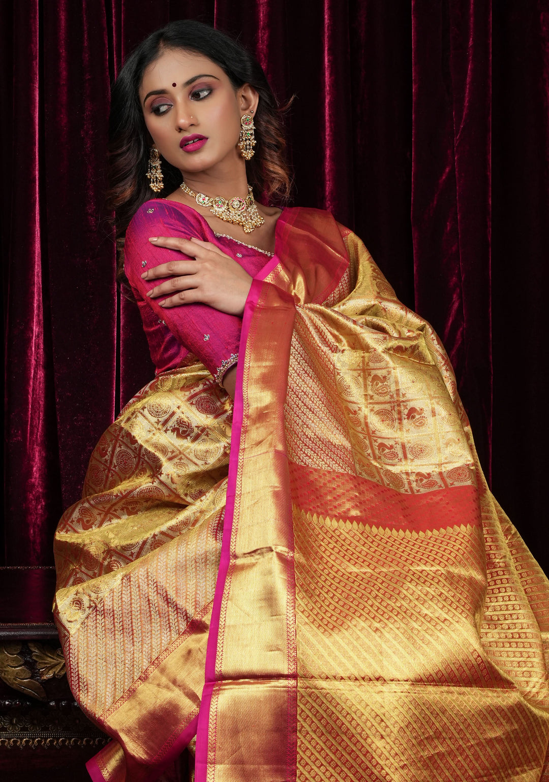 Exquisite Tan Gold Tissue Kanjivaram Pure Silk Saree with Checks Pattern and wide Zari Borde | SILK MARK CERTIFIED
