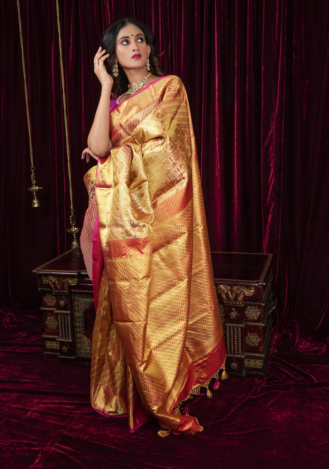 Exquisite Tan Gold Tissue Kanjivaram Pure Silk Saree with Checks Pattern and wide Zari Borde | SILK MARK CERTIFIED