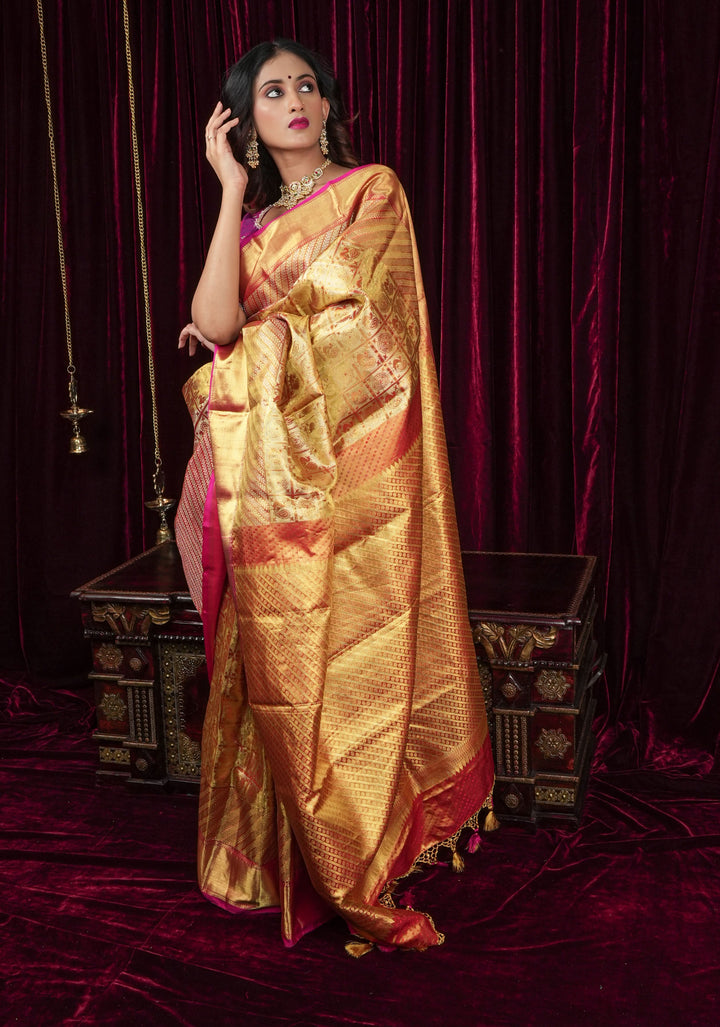 Exquisite Tan Gold Tissue Kanjivaram Pure Silk Saree with Checks Pattern and wide Zari Borde | SILK MARK CERTIFIED